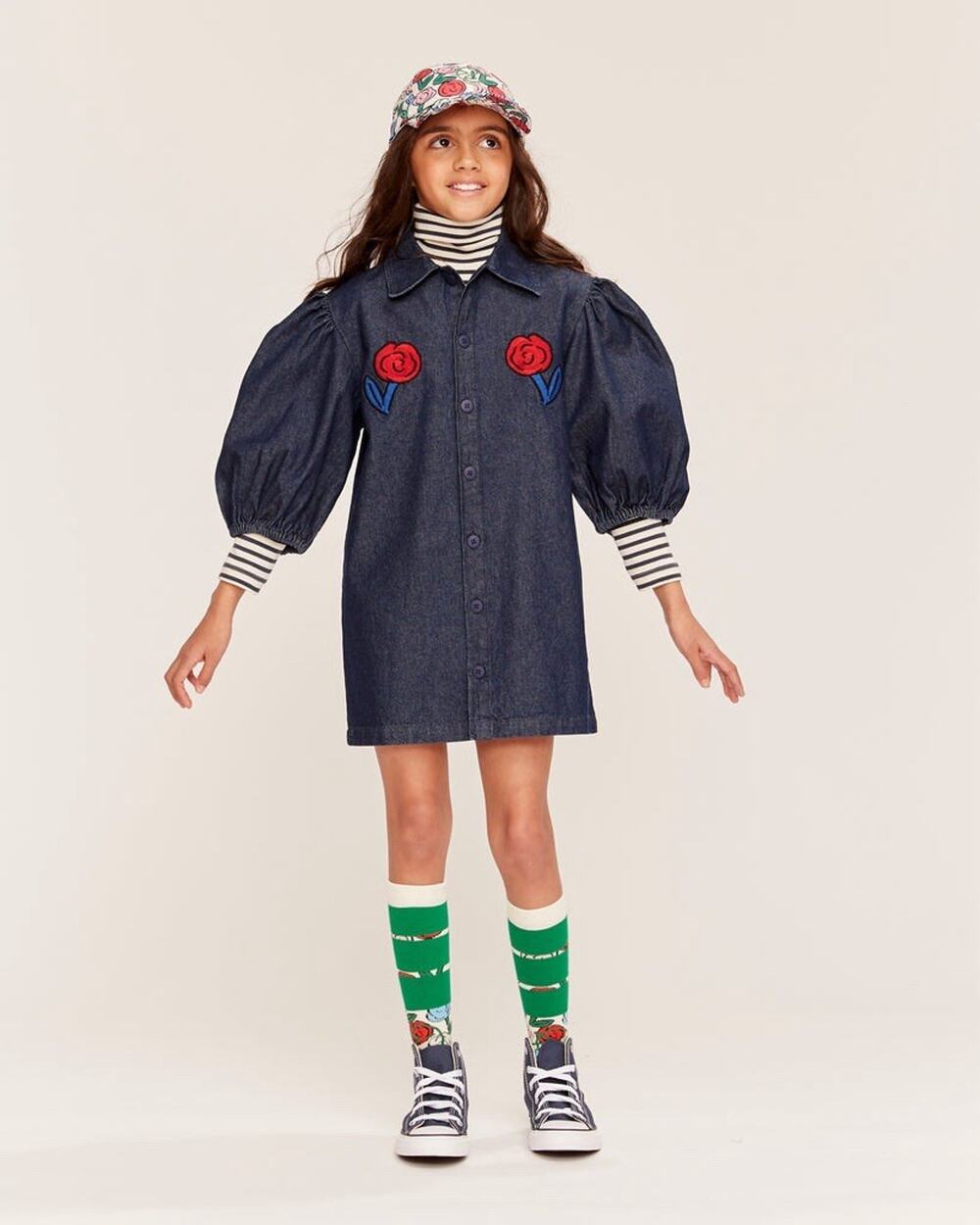 Wynken Annka Denim Shirt Dress Red Roses Embroidered Puff Sleeve Size 12yr